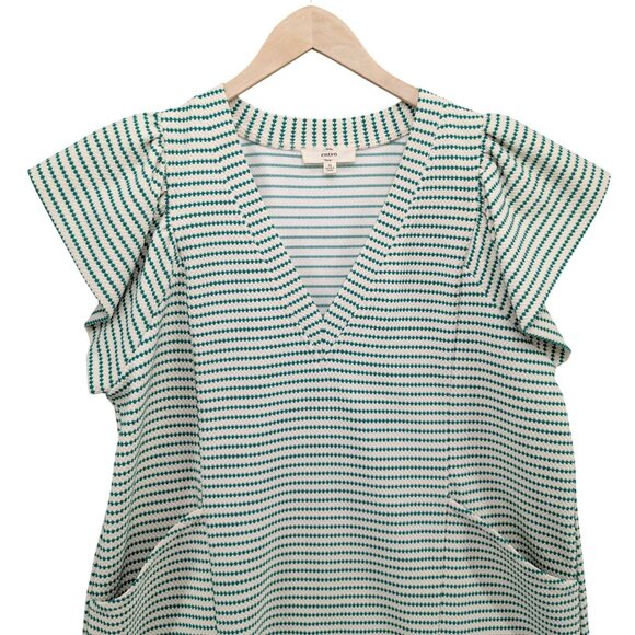 Entro Flutter Sleeve Mini Dress Green Cream Dot Striped Pockets Textured Size M - Picture 3 of 9